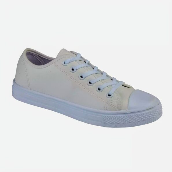 CAMBRIDGE is a Ladies relaxed and easy going pump in fashionable white pu. With matching sole, toe cap and laces, CAMBRIDGE is uncomplicated and unpretentious but still has a striking quality, Perfect for any occasion.