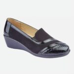 Exclusive to the Shoetree Comfort Collection. Chrissy is a ladies twin gusset comfort shoe with patent and croc detail.