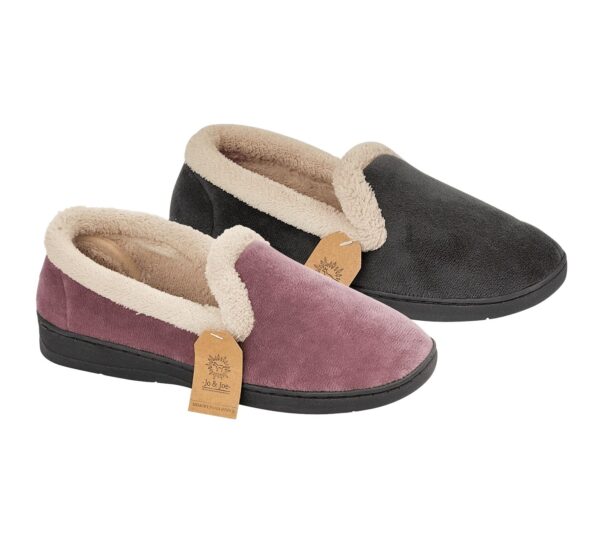 Ladies velour A line slipper with soft toweling lining and collar with memory foam insock.