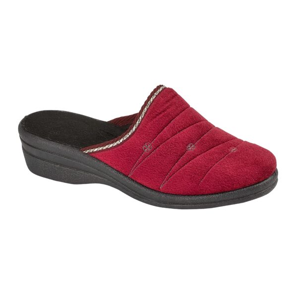 Exclusive to the Shoe Tree Comfort Collection. Kath is a Ladies embroidery slipper. Kath with gold zigzag stitching and discreet gold flowers Hard wearing with durable sole  Available in 3 colours black, navy and burgundy.