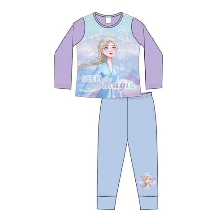 Girls Official Disney Frozen Pyjamas. With full print on the top and contrasting sleeves and pants. Frozen Girls Pyjamas Disney Pjs Sleepwear Ages 4 to 10 Years Top) - Elegant Crew Neckline & Long Sleeves. 100% Cotton Machine Washable Long Sleeve,  Bottoms) - Elasticated Waistband.