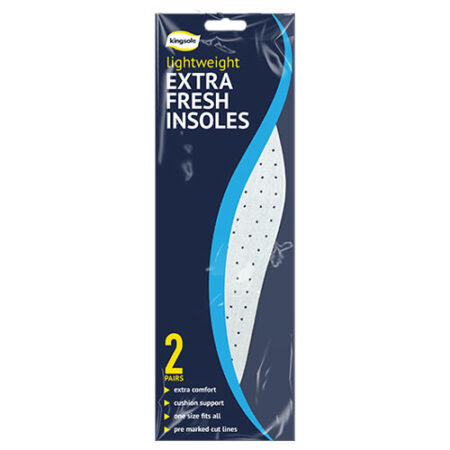 This pack of lightweight Extra Fresh Insoles contains two pairs of individual insoles that are designed to keep shoes fresher for longer with added comfort and support. Size One Size Fits All (Cut to Fit) Materials Foam Extra Comfort Cushion Support Pre Marked Cut Lines