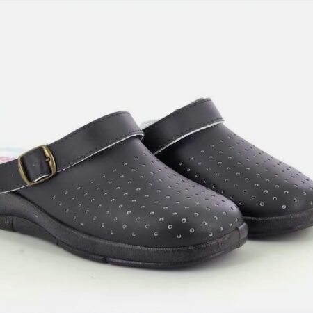 Ladies L687 is a summer shoe and sandal. L687 comes in coated leather, leather, black coated leather. Its has a blown PVC sole, Swivel bar clog, Padded leather footbed  L687 is a great Bar Clog Mule Nursing Hospital Sandal.