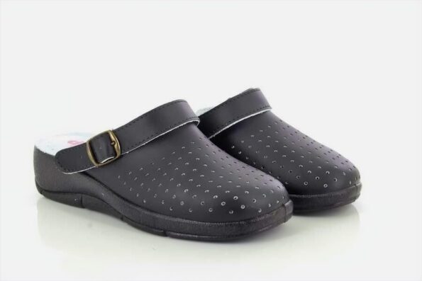 Ladies L687 is a summer shoe and sandal. L687 comes in coated leather, leather, black coated leather. Its has a blown PVC sole, Swivel bar clog, Padded leather footbed  L687 is a great Bar Clog Mule Nursing Hospital Sandal.