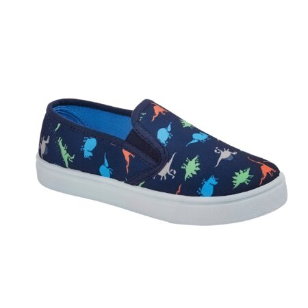 RAPTOR A boys twin gusset canvas pump. In navy blue with contrasting lining and covered in coloured dinosaurs, RAPTOR is fantastic for sturdy little boys.