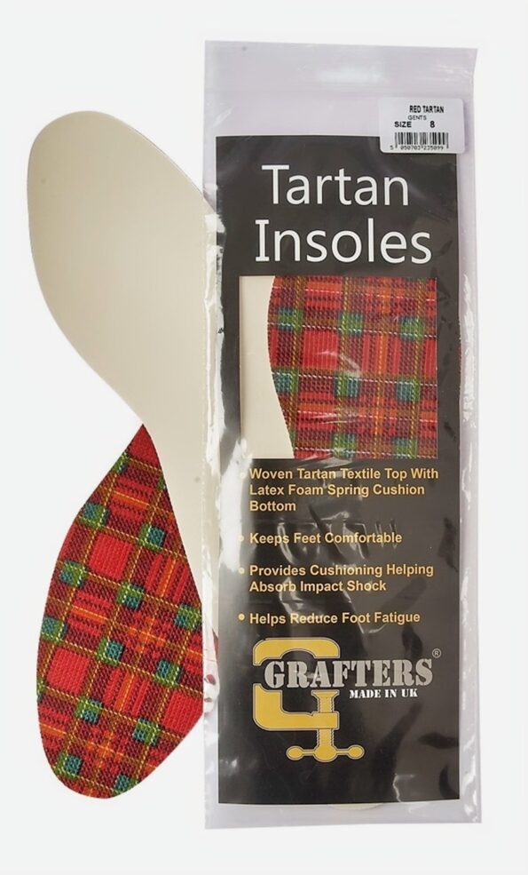 Ladies Tartan Insoles. Latex Foam For Cushioned Comfort. Sundry, Insoles and Socks. Woven Tartan Textile with Latex Foam Spring Cushion Bottom, Keeps Feet Comfortable. Provides Cushioning Helping to Absorb Impact Shock. Helps Reduce Foot Fatique.